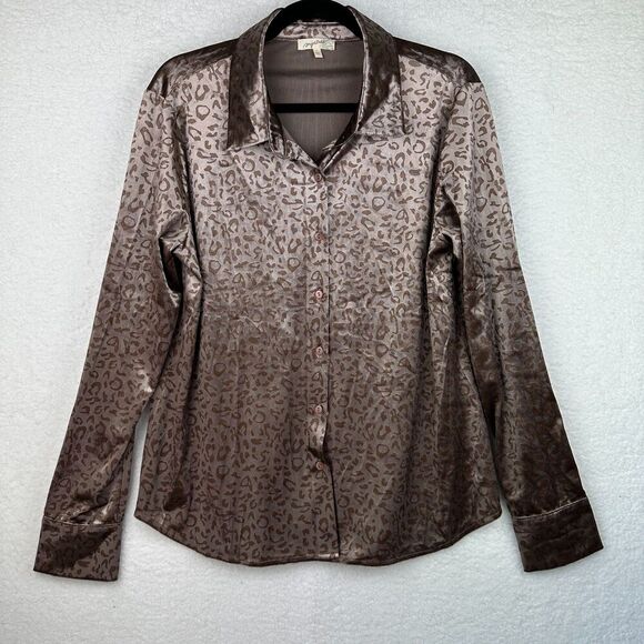 Mystree Velvet Leopard Button Up Top Womens L Boho Neutral Shiny Stretchy Office - Picture 1 of 10